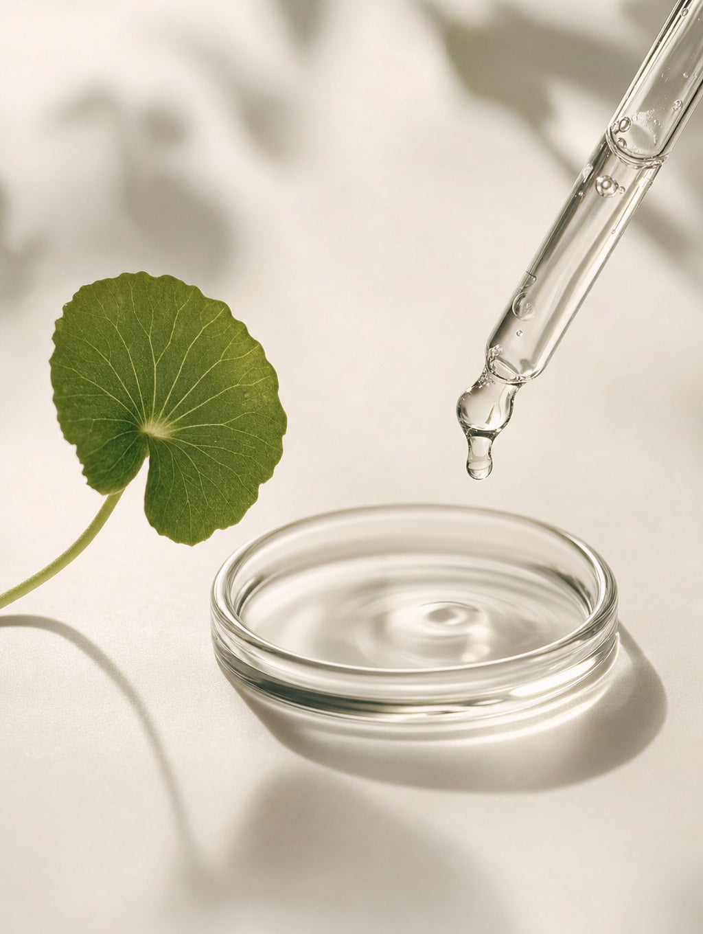 Pipette, dish and botanical leaf